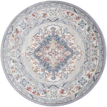 Close-up of a round Haymond Area Rug. Features a traditional design in brick red, charcoal, cream, and blue hues. Design-Round-51