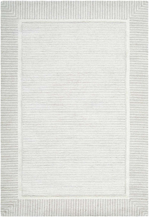 Close up of the hand-tufted Hiroto Ivory Area Rug. Cream and light taupe wool rug with a striped border. Design-Rectangle-576