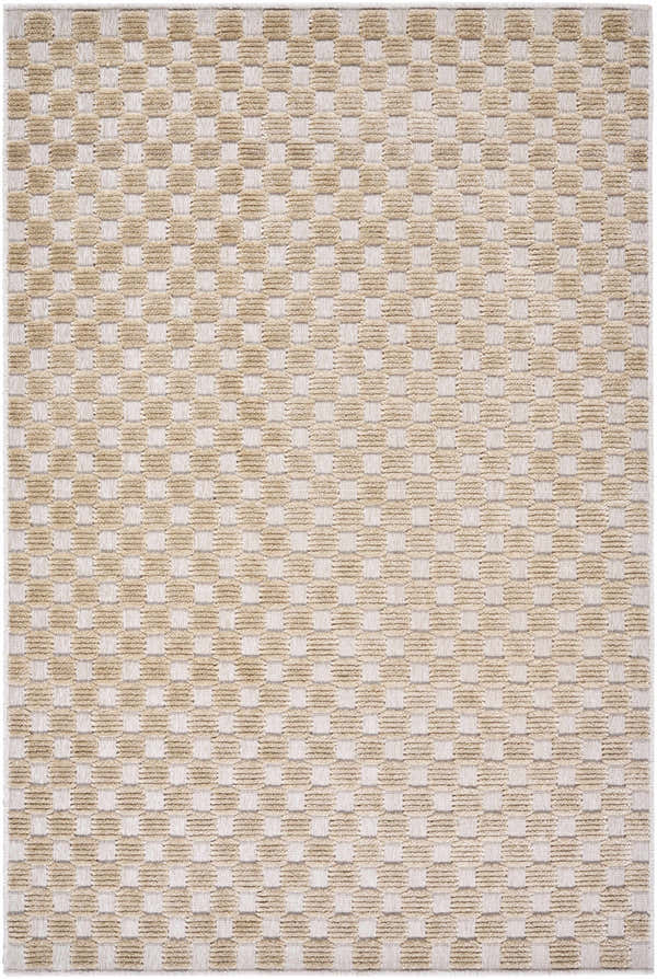Close-up of the Anthea Beige Washable Area Rug. The rug has a beige and light brown checkered pattern. Contemporary style. Design-Rectangle-576