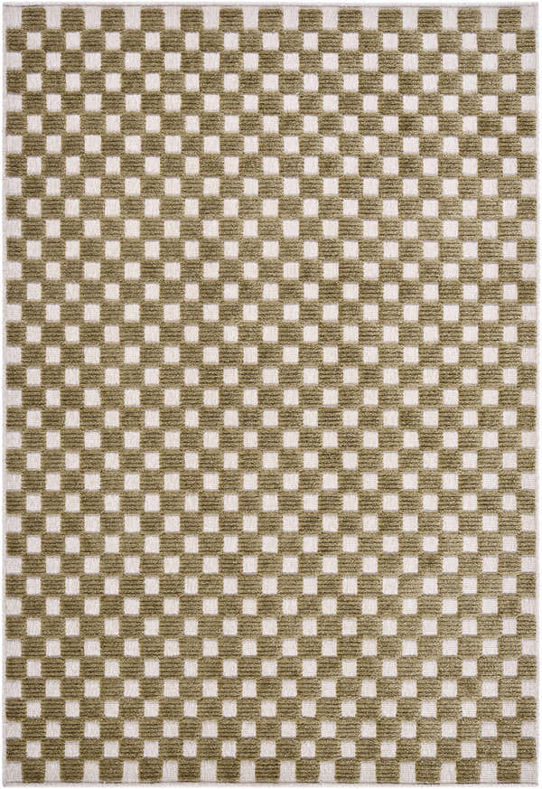 Close-up of the Anthea Olive Washable Area Rug. Features a contemporary olive and white checkered pattern, machine woven texture. Design-Rectangle-57