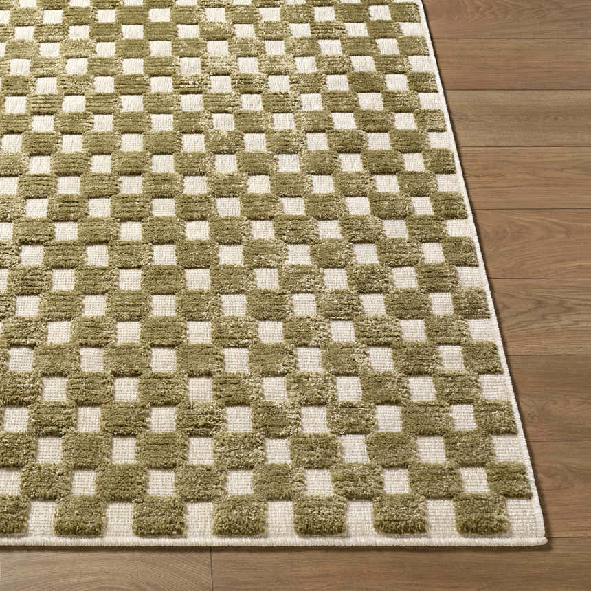 Close-up of the Anthea Olive Washable Area Rug. Olive and white checkerboard pattern, machine woven texture on wood floor. Front
