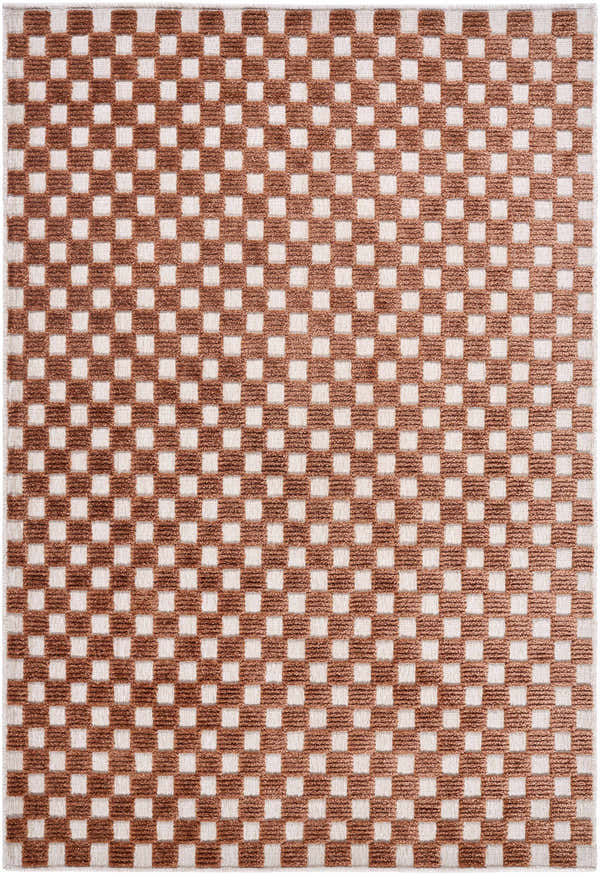 Close-up of the Anthea White Washable Area Rug. Features a contemporary brown and white checkerboard pattern. Design-Rectangle-57