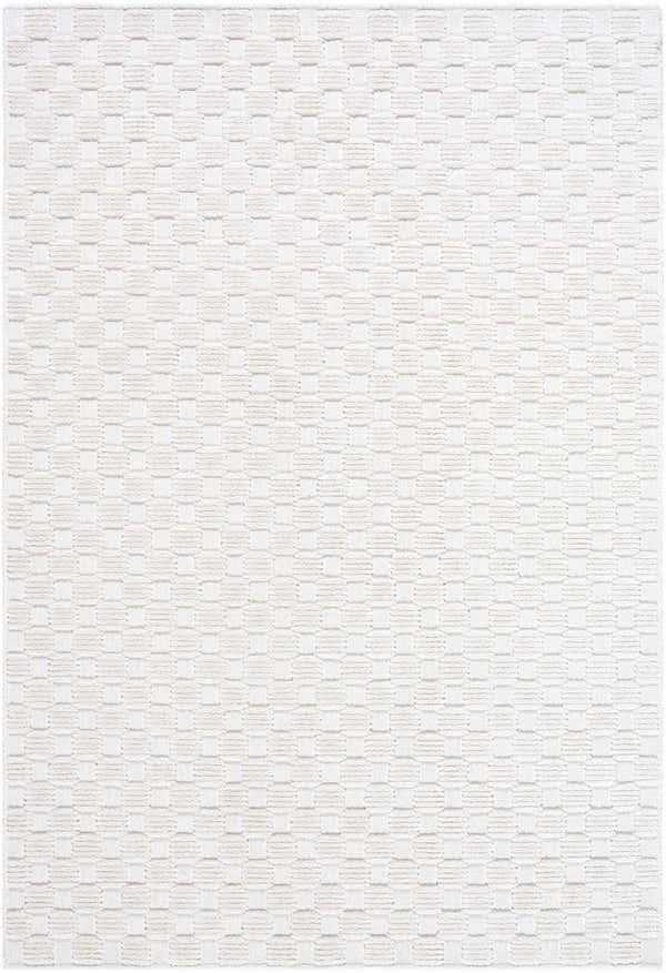 Close-up of the Anthea Off-White 3D Checkered Washable Rug, showing its textured, geometric pattern. Design-Rectangle-57