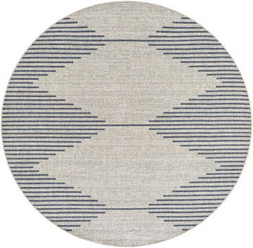 Close-up of a round Stephan Blue & Gray Outdoor Rug with a geometric striped pattern in blue, gray, and beige hues. Design-Round-67