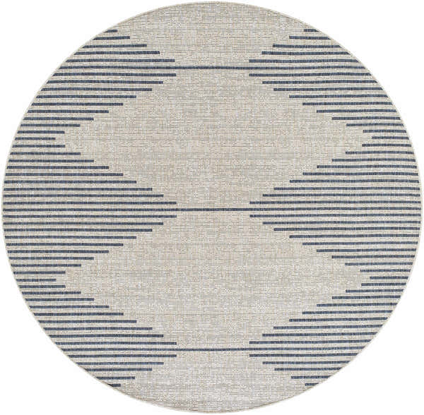 Close-up of a round Stephan Blue & Gray Outdoor Rug with a geometric striped pattern in blue, gray, and beige hues. Design-Round-67