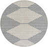 Close-up of a round Stephan Blue & Gray Outdoor Rug with a geometric striped pattern in blue, gray, and beige hues. Design-Round-67