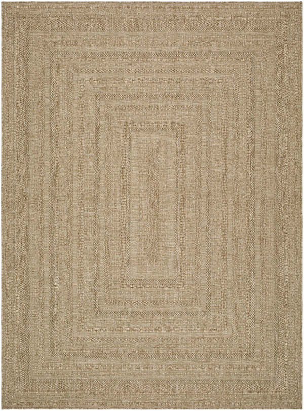 Close-up of the Avalos Brown Area Rug. Farmhouse style rug with a concentric square pattern in camel, tan, and prairie dust. Design-Rectangle-537