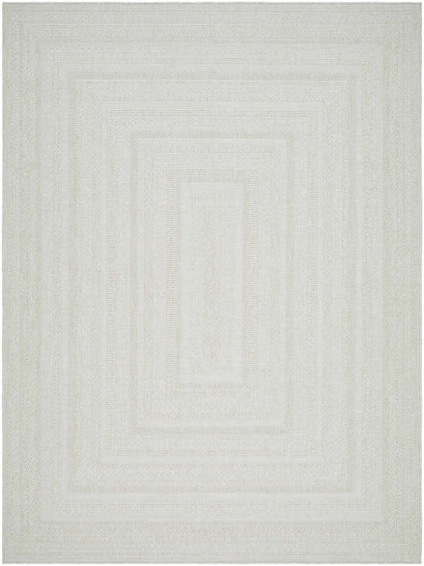 Close-up of the Avalos White Area Rug. Light silver and gray rug with a rectangular, farmhouse-style, woven pattern. Design-Rectangle-537