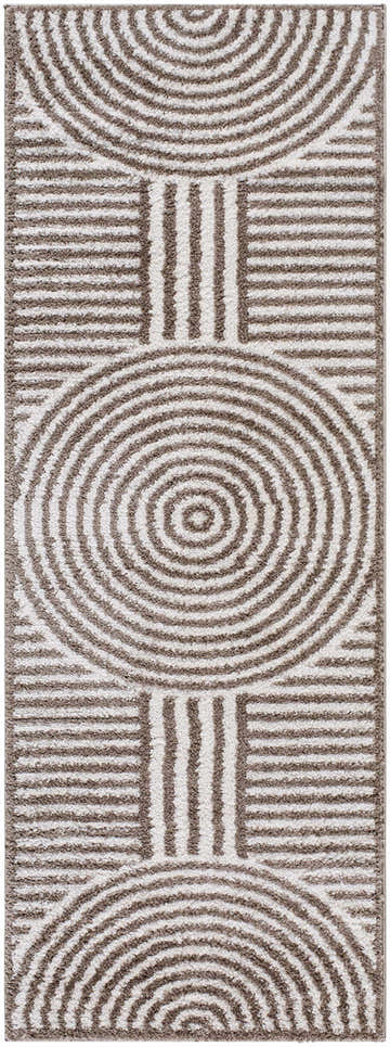 Close-up of the Allard Brown Washable Area Rug, featuring a contemporary brown and white geometric pattern. Design-Runner-2773