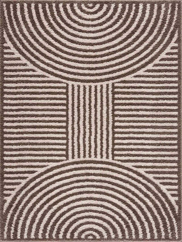 Close-up of Allard Brown Washable Area Rug. Features a geometric pattern of brown and peach-toned arcs and lines. Design-Rectangle-537