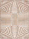 Close-up of the Allard Beige Washable Area Rug featuring a contemporary geometric pattern with beige and peach hues. Design-Rectangle-537