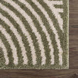 Close-up of the Allard Green Washable Area Rug. Lime green and cream stripes on a soft, textured polyester rug. Swatch