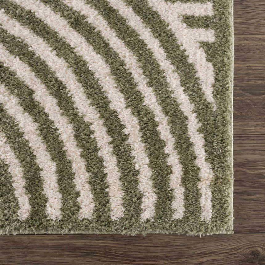 Close-up of the Allard Green Washable Area Rug. Lime green and cream stripes on a soft, textured polyester rug. Swatch