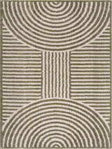 Close-up of Allard Green Washable Area Rug featuring a contemporary geometric pattern of lime green lines on a cream background. Design-Rectangle-537