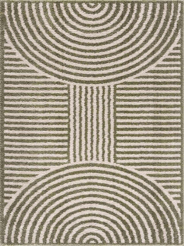 Close-up of Allard Green Washable Area Rug featuring a contemporary geometric pattern of lime green lines on a cream background. Design-Rectangle-537