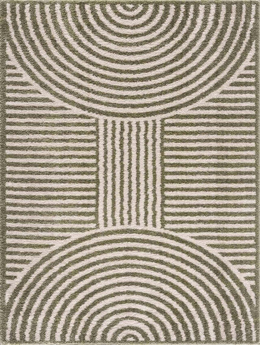 Close-up of Allard Green Washable Area Rug featuring a contemporary geometric pattern of lime green lines on a cream background. Design-Rectangle-537
