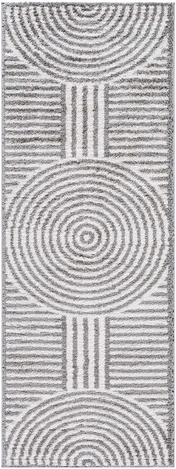 Close-up of Allard Charcoal Washable Area Rug, featuring a contemporary geometric pattern of circles and lines. Design-Runner-2773