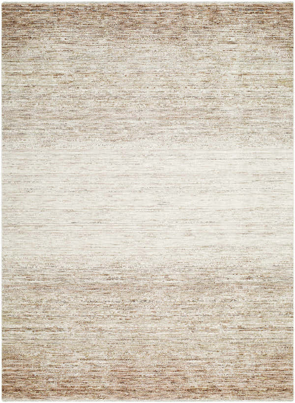 Close-up of the Amaury Area Rug. Farmhouse style rug in cream, dark brown, and medium gray with a subtle horizontal pattern. Design-Rectangle-576