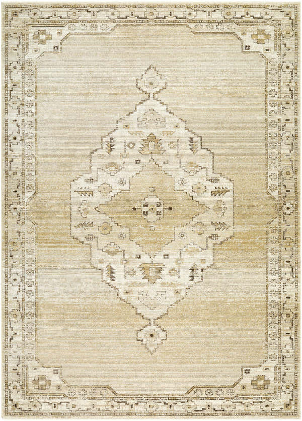 Close-up of the Havard Off White Area Rug, featuring a traditional diamond pattern and farmhouse style border. Design-Rectangle-679