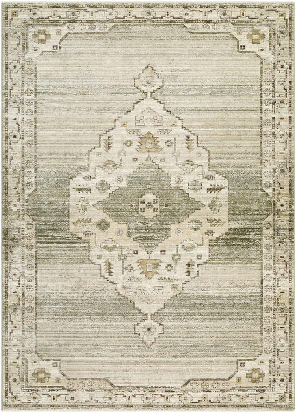 Close-up of the Havard Olive Area Rug, featuring a traditional, farmhouse pattern in neutral and olive green tones. Design-Rectangle-679