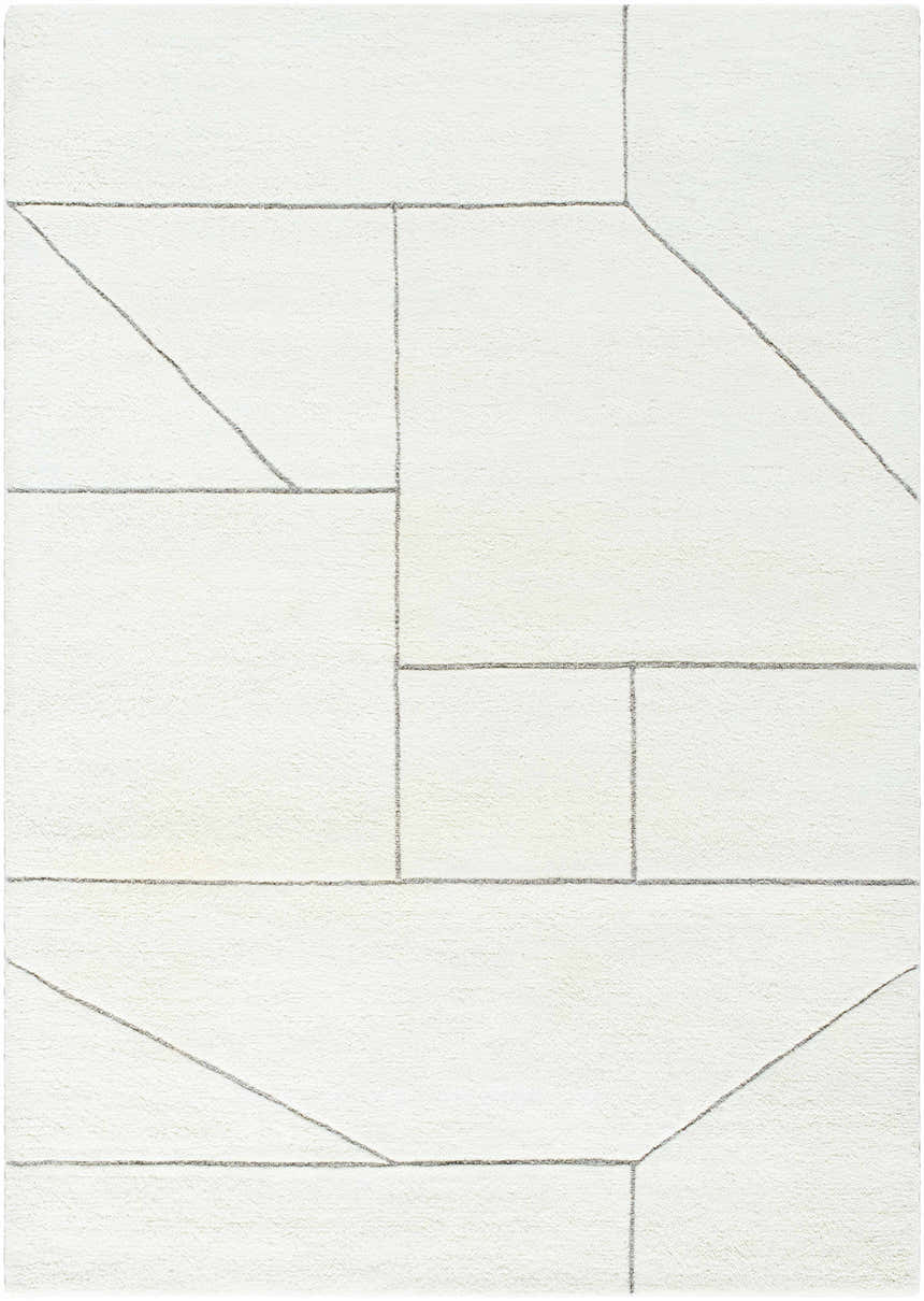 Close-up of the Alaina Area Rug. Hand-tufted wool rug in ivory with a charcoal geometric pattern. Farmhouse style. Design-Rectangle-537