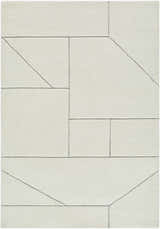 Close-up of the Alaina Area Rug; a hand-tufted wool rug in ivory with a charcoal geometric line pattern. Design-Rectangle-5377