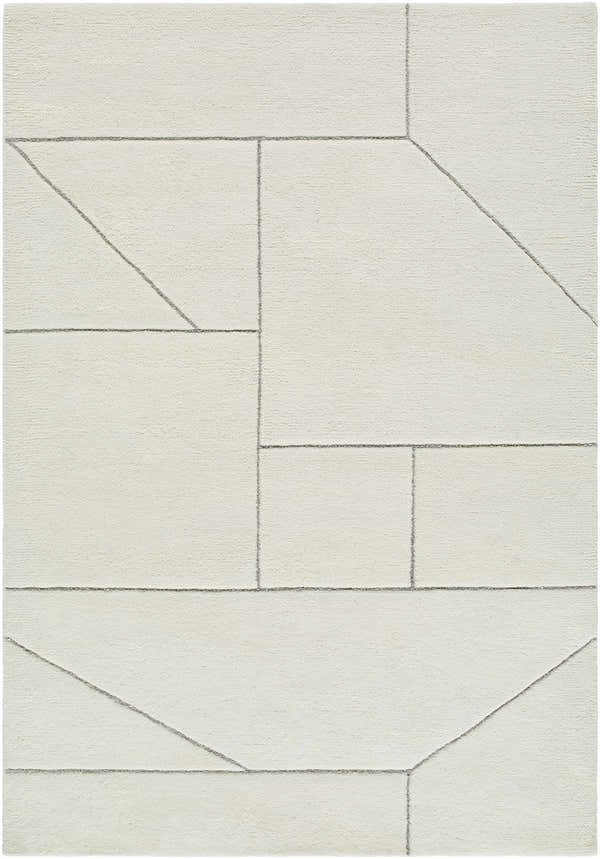 Close-up of the Alaina Area Rug; a hand-tufted wool rug in ivory with a charcoal geometric line pattern. Design-Rectangle-5377