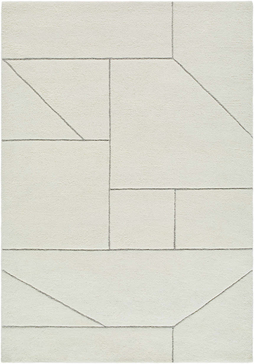 Close-up of the Alaina Area Rug; a hand-tufted wool rug in ivory with a charcoal geometric line pattern. Design-Rectangle-5377