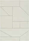 Close-up of the Alaina Area Rug; a hand-tufted wool rug in ivory with a charcoal geometric line pattern. Design-Rectangle-5377