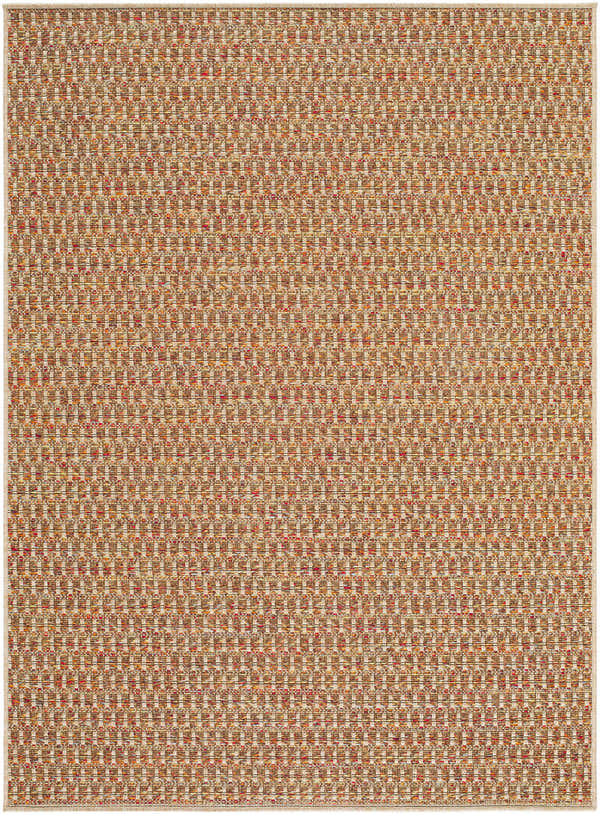 Close-up of the woven Ataret Burnt Sienna Area Rug, featuring terracotta, goldenrod, ivory, and sandstone hues. Design-Rectangle-57