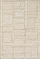 Close-up of the Alayka Area Rug. Hand-woven wool rug in beige and light beige with a contemporary geometric pattern. Design-Rectangle-576