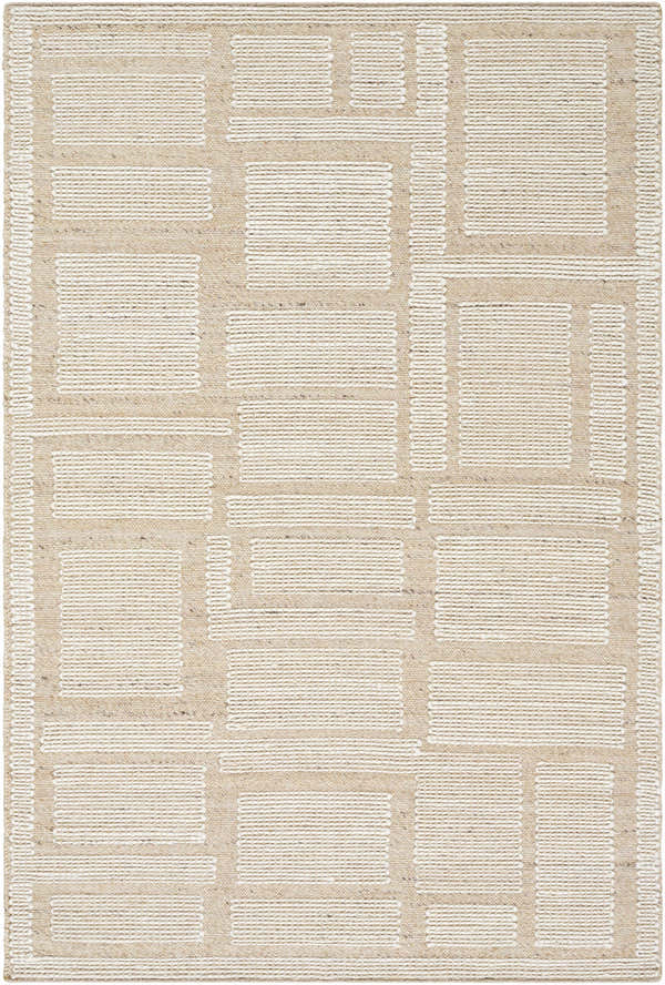 Close-up of the Alayka Area Rug. Hand-woven wool rug in beige and light beige with a contemporary geometric pattern. Design-Rectangle-576