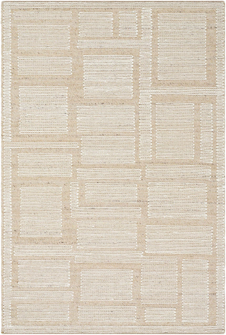 Close-up of the Alayka Area Rug. Hand-woven wool rug in beige and light beige with a contemporary geometric pattern. Design-Rectangle-576