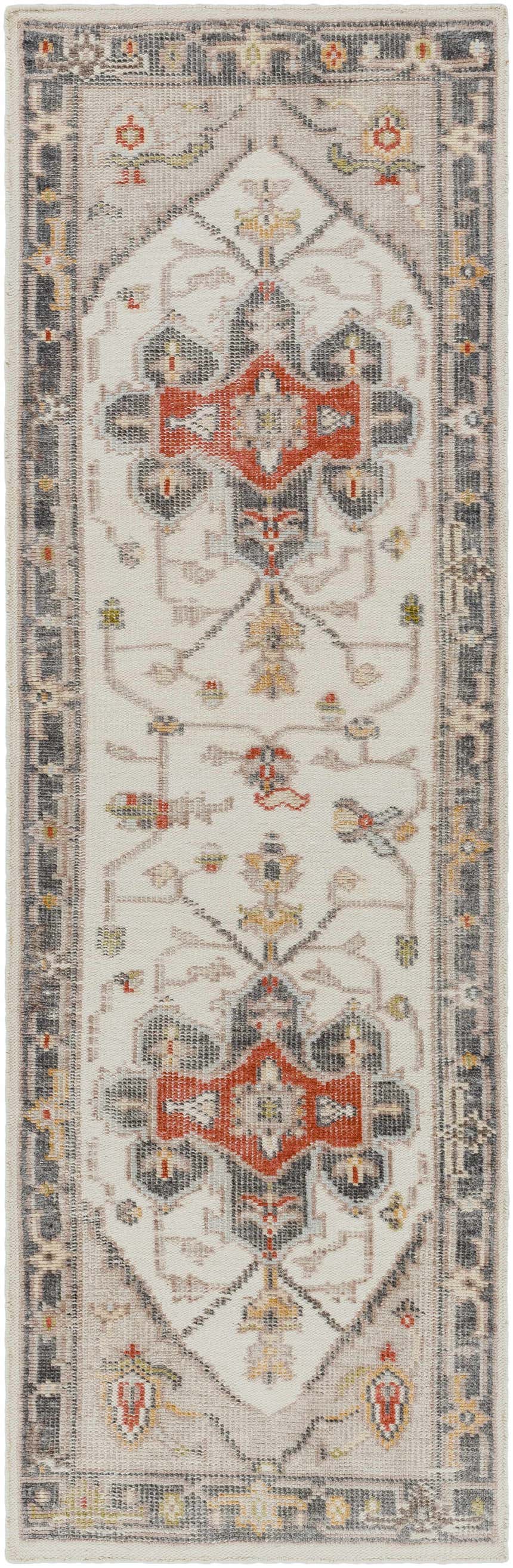 Close-up of the Halayhayin Premium Rug. Features a traditional pattern in brick red, brown, cream, and gray tones. Hand-knotted texture. Design-Runner-268
