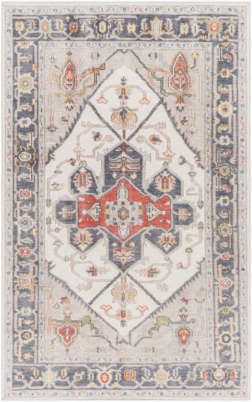 Close-up of the Halayhayin Premium Rug. Hand-knotted with brick red, cream, and gray traditional patterns. Design-Rectangle-69