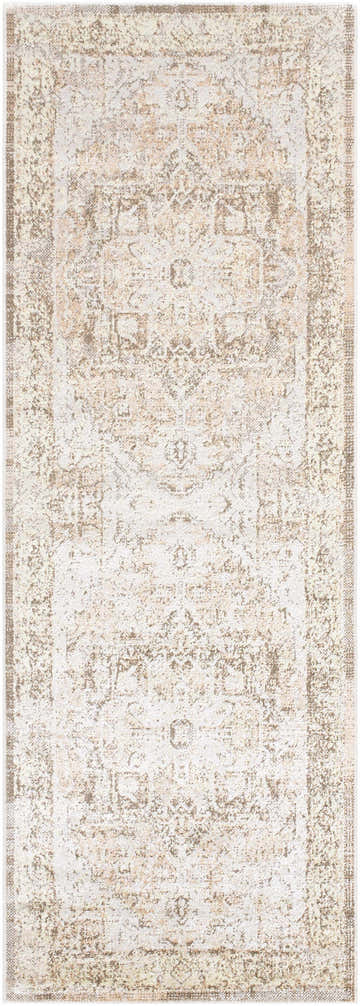 Close-up of the Hera Washable Area Rug, a traditional runner rug in ash, beige, and light silver tones. Design-Runner-2773