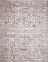 Detailed texture of Galey Alix x Livabliss Myrtle Avenue I Area Rug in cream, taupe, brown, and olive with vintage oriental design. Design-Rectangle