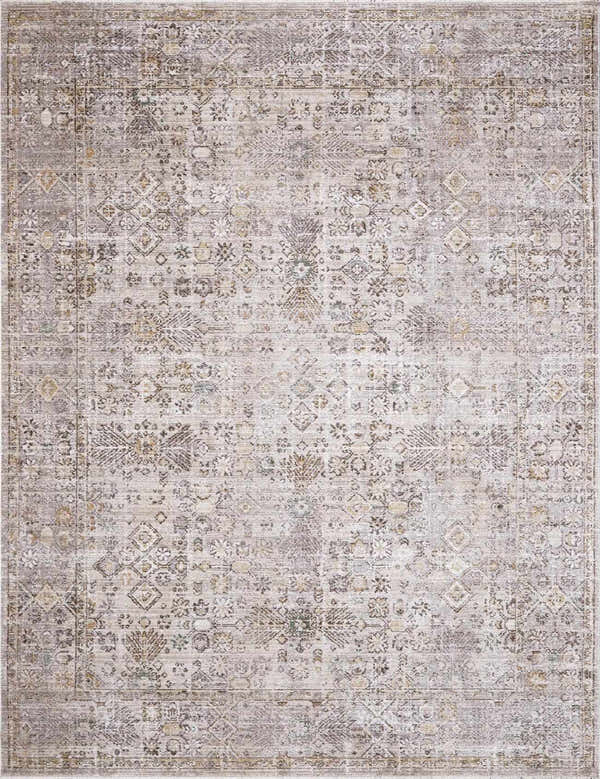 Detailed texture of Galey Alix x Livabliss Myrtle Avenue I Area Rug in cream, taupe, brown, and olive with vintage oriental design. Design-Rectangle