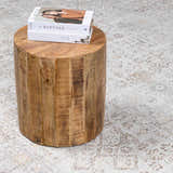 Close-up of the Galey Alix x Livabliss Vintage Oriental Boho Taupe/Cream Myrtle Avenue I Area Rug with a wood side table. Styleshot