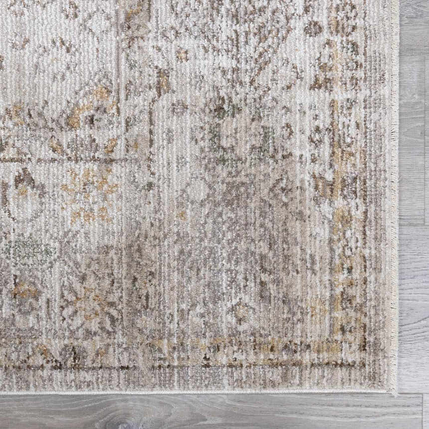 Close-up of the taupe and cream Galey Alix x Livabliss Myrtle Avenue I Area Rug, showing its vintage oriental pattern and texture. Swatch