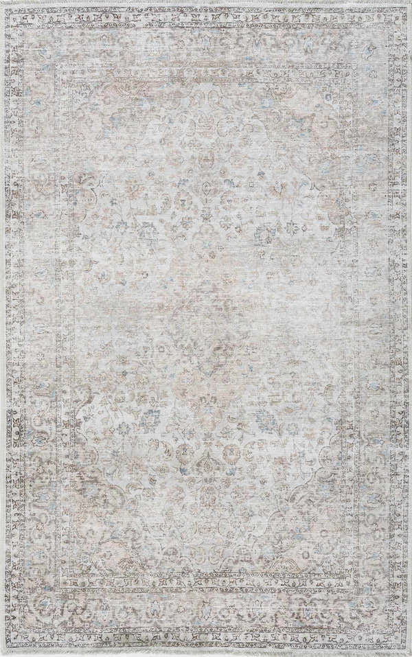 Close-up of the Cream Holi-2301 Washable Area Rug. Features a traditional floral pattern in beige, cream, peach, and slate tones. Design-Rectangle