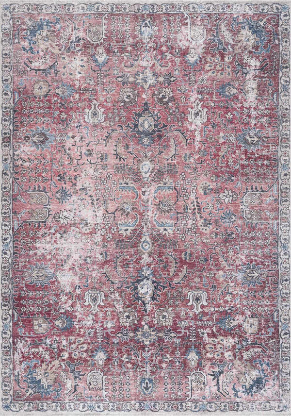 Detailed view of the Burgundy Holi-2303 Washable Area Rug. Features a traditional, vintage-inspired design in burgundy, cream, and beige tones. Design-Rectangle-23