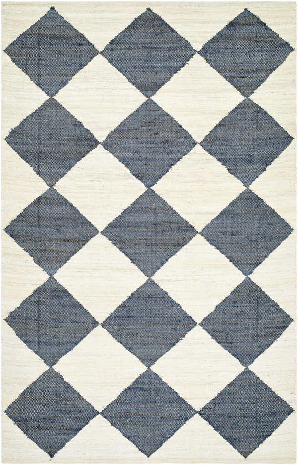Close-up of the hand-woven Andrin Gray Area Rug. Beige and steel gray jute rug with a checkered diamond pattern. Design-Rectangle-576