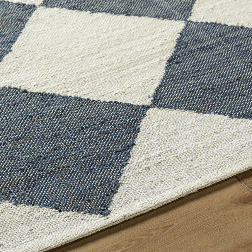 Close-up of Antho Handmade Vivir x LIVABLISS VVAT-2302 Area Rug. Ivory and slate gray jute rug with a woven checkerboard pattern. Texture