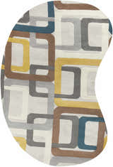 Close-up of the Harlech Area Rug. Hand-tufted wool rug with a geometric pattern in brown, blue, gray, ivory, and mustard. Design-Custom