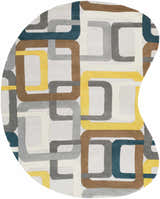 Abstract round Harlech Area Rug with brown, blue, gray, ivory, and mustard geometric shapes. Hand-tufted wool. Design-Custom