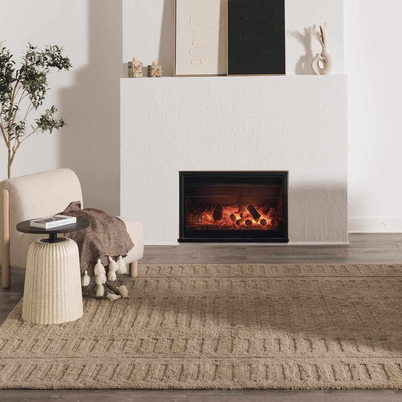 Washable Handmade Wool Rug - Brown placed in a styled room setting, harmonizing with surrounding room decor. Contemporary, Broken Striped, Textured Area Rug Backing  