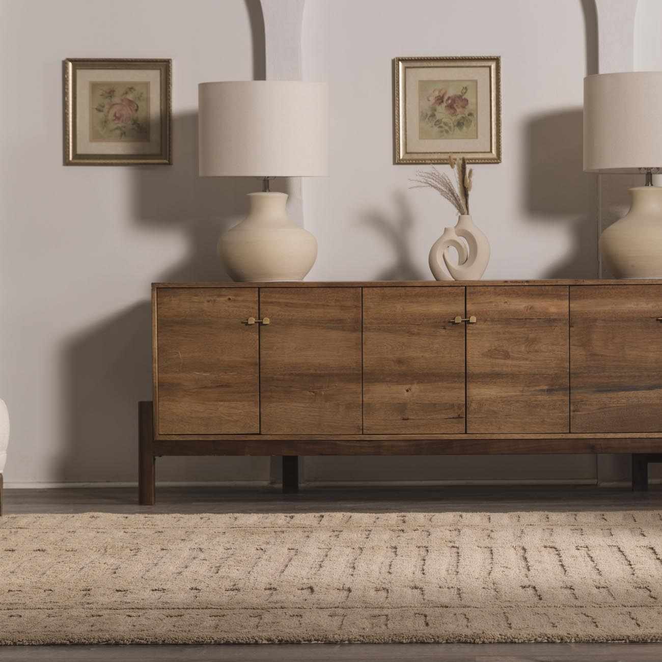 Washable Handmade Wool Rug - Brown placed in a styled room setting, harmonizing with surrounding room decor. Contemporary, Broken Striped, Textured Area Rug Backing  8' x 10' Rectangle