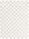 Close-up of the Ardice Area Rug, a shag rug with a checkered pattern in ivory and peach polyester. Design-Rectangle-537
