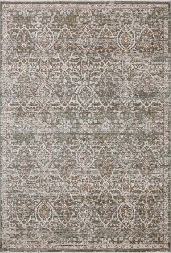 Close-up of Myrtle Avenue rug. Machine-woven rug in cream, olive, taupe, and brown with a traditional, distressed damask pattern. Design-Rectangle